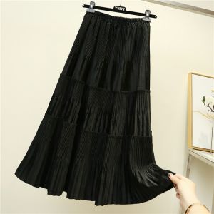 Thick Velvet High Waist A-Line Skirt Womens Autumn Winter New Style Slimming Pleated Midi Skirt Korean Style Pure Color