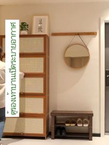 ตู้เก็บตู้รองเท้า ทำโดยไม้ไผ่ธรรมชาติ ชั้นวางรองเท้าลิ้นชักบานประตูพับ ระบายอากาศ  ตู้รองเท้าไม้ไผ่กันฝุ่น