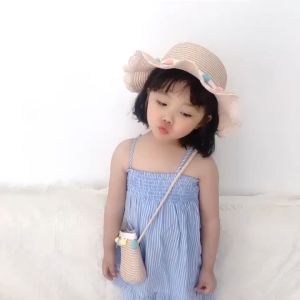 Set mũ cói kèm túi rộng vành chống nắng tua rua hàng Quảng Châu cho bé 3-6 tuổi