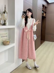 Sweet Pink Knitted Vest Dresses Korean Style Womens Fashion Early Autumn New Arrival Maxi dressSoft Comfy Commuting Style Long sleeveV-neck Waist Belt