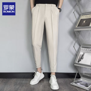 กางเกงขายาวทรงหลวมสไตล์ลำลองสำหรับผู้ชาย ทรงเก้าส่วน ทรงสลิมฟิต ทรงขากระบอกเล็ก สีกรมท่า แฟชั่นฤดูใบไม้ร่วง กางเกงขายาวลำลอง