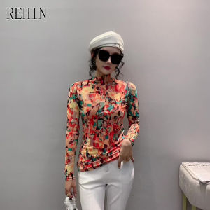 REHIN Womens top Autumn and winter new fashion long-sleeved T-shirt cotton high-collar mesh positioning print trend blouse