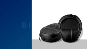 OVER SHOP Black and gray oval-shaped headphone case with damping and humanize features. Dimensions 18.7cm x 18.7cm x 2.2cm.