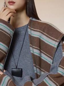 Grey Striped Loose Dress with Shawl Collar