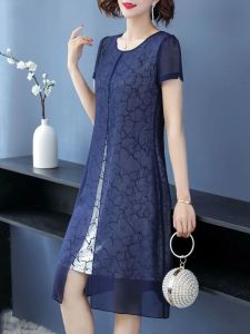 plus Size Womens Chiffon Dress Summer Fashionable Mommy Clothes 200 Pounds A-Line Skirt High Waist Short Sleeve Long Dress