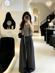 XUECAIQI | Dotted Sleeveless Top and High Waist Wide Leg Trousers Set