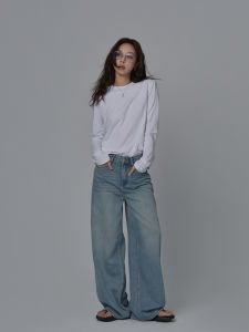 Summer Breathable Light Blue Silk Straight Leg Loose Womens Jeans Casual Wide Leg Pants High Waist Long Trousers Pure Color