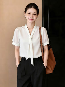 XIAOMENG | Professional V-Neck Bowtie Voile French Puffed Sleeves White Summer Shirt