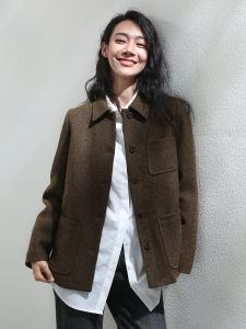 Miccbeirn | Pure Wool Retro Coat Short Single-Faced Tweed Women Light Mature Brown Art Collar Small Figure Elegance Tweed Great Coat
