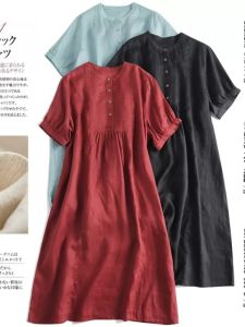 Withdraw OEM Goods Big Brand Light and Skinny Linen Dress Womens Summer Mid Length Long Length Pure Color Cotton and Linen Short Sleeve Shirt Skirt