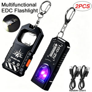 2Pcs Portable LED COB Keychain Flashlight USB Rechargeable Torch Mini Outdoor Working Light with Bottle Opener Emergency Lantern