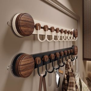 Modern Chinese Style Walnut Color Suction Hook a Row of Bathroom Clothes Hanger Can Be Moved Kitchen Wall Mounted Door Back Clothes Hooks
