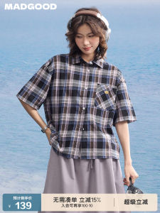 Madgood Summer Thin Short Sleeve Shirt Color Woven Gradient Logo Embroidery Street Style Loose Fit Cotton Polyester Blend