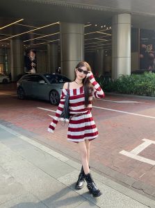 GUZILIAN | American Style Spicy Girl Asymmetrical Shoulder Mid-Length Striped T-Shirt Womens PU Leather Short Skirt Layering Set Autumn