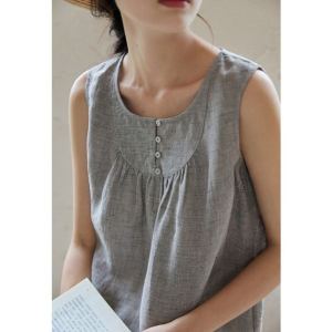 Spring & Fall Pure Color Minimalist Yarn-Dyed Linen Vest Camisole Womens Summer Outwear Loose Slim Looking Sleeveless Casual Tops Thin