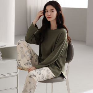 MiiOW | ชุดนอนผู้หญิงแขนยาวผ้าฝ้ายแท้ฤดูใบไม้ผลิและฤดูใบไม้ร่วง ชุดอยู่บ้านฤดูใบไม้ร่วงและฤดูหนาว ชุดนอนสวมใส่กลางแจ้งไซส์ใหญ่