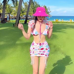 Sét đồ bơi áo tắm đi biển hoa trắng tay bo phối quần váy rút cực dễ thương mẫu mới hottrend BIKINI SG