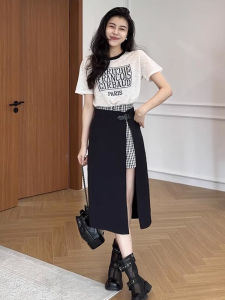 Shalldoer | Bộ đồ hai mảnh mùa hè đẹp không đều in chữ tay ngắn cho nữ quần short cổ tròn không tay áo thun phong cách Hàn Quốc