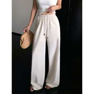 กางเกงขายาวทรงหลวมเอวสูงผ้าลินินสำหรับผู้หญิง ทรงตรง ทรงหลวม ระบายอากาศได้ดี กางเกงขายาวทรงตรงสำหรับใส่ไปเที่ยว