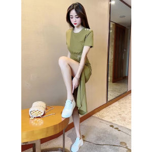 ชุดเดรสยาวปานกลางสไตล์สาวเก๋ไก๋สำหรับฤดูร้อน กระโปรงทรงเอเข้ารูปเอวสูง แขนสั้น ปกติ สีพื้น ชุดเดรสผู้หญิง