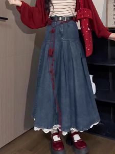 XUECAIQI | Trendy Red Knit Cardigan and Denim Skirt Set