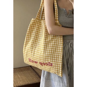 กระเป๋าผ้าแคนวาสทรงตู้เสื้อผ้าแบบลำลองสำหรับนักเรียนวิทยาลัย กระเป๋าถือผู้หญิงแบบลำลอง กระเป๋าถือลายสก็อต INS ขนาดใหญ่