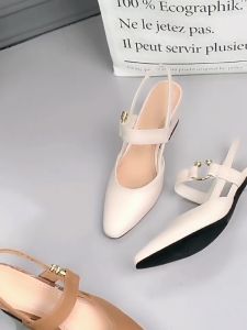 Korean Style Pointed Heels for Women Leather Close Sandals Beige Block Heels Women for Formal Office