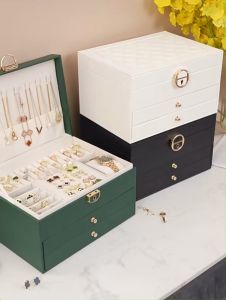 Multi-function Leather Jewelry Box Organizer Women Portable Three-layer Large Jewelry Box With Lock and Key Earrings Rings Necklaces Storage Travel Case