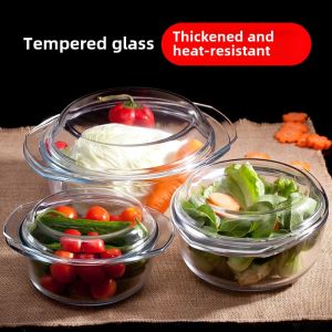 Glass Bowl with Lid Heat-Resistant Microwave Oven Special For Home Transparent Steamed Egg Bowl Binaural Baking Bowl Oven Heating Vessel