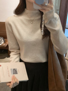 เสื้อสเวตเตอร์ผ้าขนสัตว์เนื้อนุ่มสำหรับผู้หญิง ฤดูใบไม้ร่วง/ฤดูหนาว เสื้อชั้นในคอปกสูงครึ่งตัว ผ้าขนสัตว์เนื้อนุ่ม สีขาว เสื้อชั้นในทันสมัย