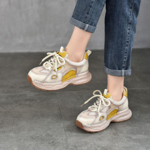 Womens Outdoor Casual Leather Dad Shoes Spring 2025 New Style Color Block Lightweight Knot Tied Sporty Fashion Sneakers