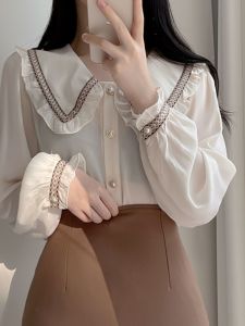 Fall New Style Doll Collar Pearl Button Long Sleeve Shirt Design Sensual French Pink Top Women Korean Version Straight Cut