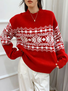French Christmas Atmosphere Red New Year Sweater Women Heavy Embroidery Design Commute Loose Fit Long Sleeve Winter Fashion