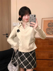 Cute Cartoon Cat Embroider Shoulder T-Shirt Womens K-style Lapel Polo Shirt Slimming Long Sleeves Waist Trimming Short Tops