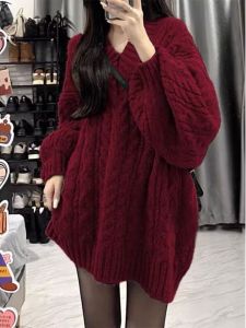 เสื้อสเวตเตอร์คอวีถักนิตติ้งคอตตอนผสมโพลีเอสเตอร์ ทรงหลวม แขนยาว ปกติ ฤดูใบไม้ผลิ ฤดูใบไม้ร่วง ฤดูหนาว เสื้อผ้าทำงาน