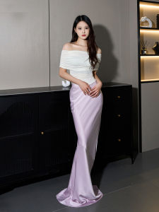 กระโปรงยาวคลุมเข่าผ้าซาตินอะซิเตทสะท้อนแสง ดีไซน์หางปลา กระโปรงทรงเอเอวสูง กระโปรงยาวคลุมเข่าสำหรับผู้หญิง กระโปรงทรงเอเอวสูง