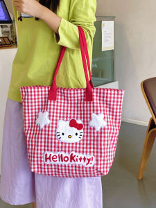 Large Capacity Plaid Shoulder Bag Korean Style Canvas Tote Bag for Women School Class Retro Style Handbag Soft Hobo Bag