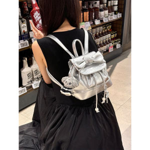 Silver Butterfly Knot Bucket Shoulder Bag Cute Travel Bag for Girls Soft PU Leather Medium Size Korean Style Casual Fashion