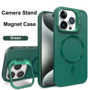 Stand Case for iPhone 16 15 14 13 12 11 Pro Max Cover Magnetic for Magsafe Wireless Charge Shell Camera Holder Soft Matte Fundas