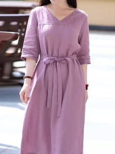 Váy Vải Lanh Cotton Cổ Điển Mùa Xuân Hè Mới Váy Dài Cổ Chữ V Váy Du Lịch Nghệ Thuật Váy Dài Có Thắt Lưng Váy Nữ