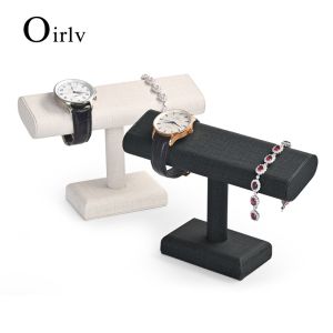 Oirlv PU Leather Watch Bracelet Necklace Jewelry Display Organizer Storage Holder Stand T-Bar Watch Jewelry Store Showcase Display Stand Rack Holder PU077