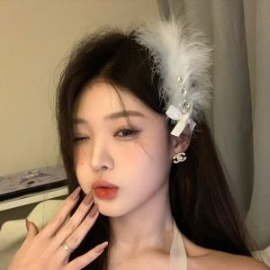 White Feather Tassel Headband Bridal Birthday Hair Accessory Elegant Sensation Fairy Tale Hair Ornament Korean Style Gemstone