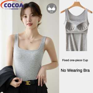 COCOAFashion Summer Modal Cotton Singlet All-in-One Bra Camisole Sleeveless Tank Top Womens All-match Sports Vest with Padded