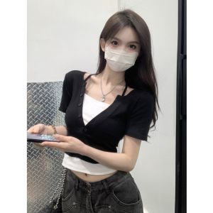 Sweet Cool Spicy Short Sleeve V-neck Hanging Neck Small Shirt Waist Card Summer T-shirt Womens Fashion Design Top Casual Style