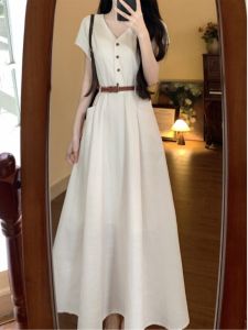 Fancy Dignified Elegant V Neck Dress Womens Summer Plus Size Plus Size Ladies Pear Shapes Waist-Tight Slim Looking A- line Dress