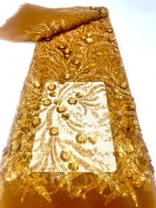 African Tulle Lace Fabric 2026 French Net Sequins Fabric Sewing Embroidery With Beads Lace Tulle Mesh Nigeria Dress 5 Yards