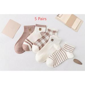 5/10 Pairs Ladies Spring and Autumn New Cute Little Bear Low Top Socks Brown Pure White Striped Short Socks