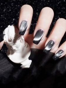 Black Crystal Cat Eye Fake Nails Wearable Nail Stickers Cool Girl Finished False Nails Dark And Stylish Nail Art Tools