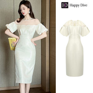 Happy Diva เดรสผู้หญิง เดรสสีครีม เดรสแขนพอง เดรสปาดไหล่ เดรสทำงาน เดรสไฮโซ เดรสวินเทจ เดรสออกงาน เดรสปาร์ตี้ ชุดราตรี 21312