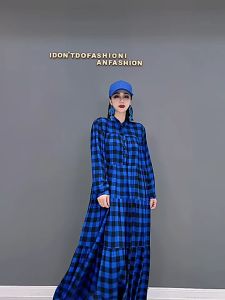 XITAO Plaid Pleated Pullover Dress Women   Personality  Loose Half High Collar Full Sleeve Dress GWJ0734
